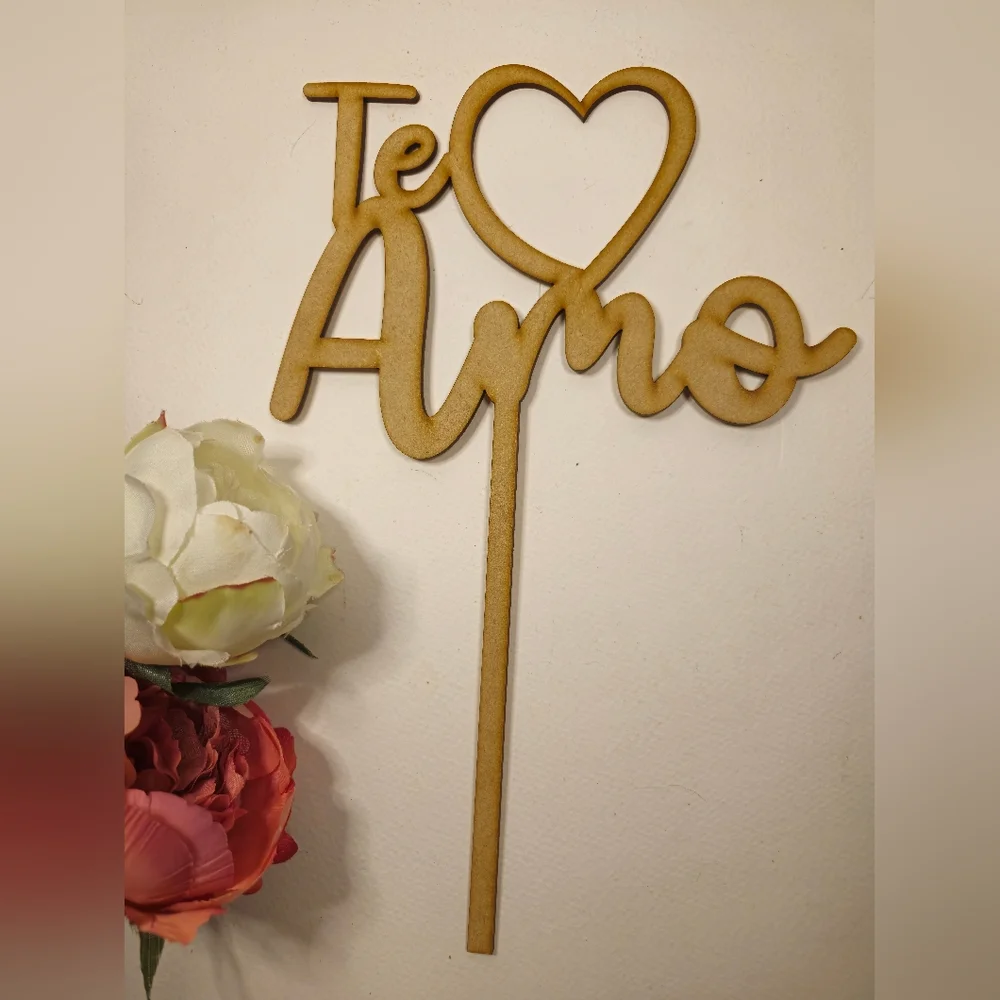 Te Amo Cake Topper.  Wooden, I Love You Cake Topper.  Cake Topper with Heart.